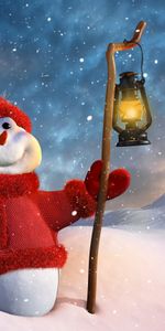 3D Graphics,Snowman,Fir,Christmas Tree,Staff,Holidays,Mountains,Snow,Lamp,Winter,Lantern