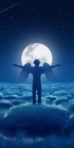 Angel,Sky,Clouds,Wings,Moon,Art