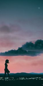 Nuages,Nuit,Horizon,Silhouette,Fille,Art