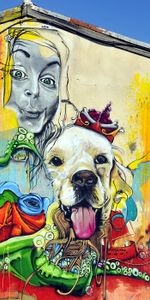 Brillant,Hétéroclite,Multicolore,Art De Rue,Graffiti,Chien,Fille,Art