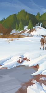 Art,Winter,Snow,Deers,Shore,Bank,Wildlife