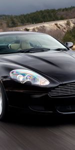 Árboles,Aston Martin,Asfalto,Vista Frontal,Estilo,Db9,2006,Naturaleza,Coches,Velocidad,Automóvil,El Negro,Deportes