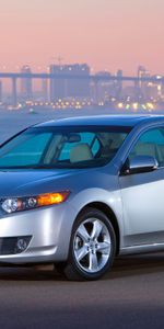 Auto,Sunset,Acura,Lights,Asphalt,Bridge,Side View,Style,Akura,2008,Silver Metallic,Tsx,Cars,City