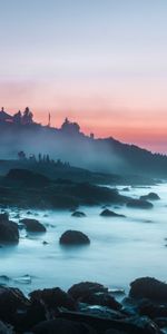 Bank,Shore,Fog,Campsite,Stones,Nature,Sunset,Camping,Landscape,Beach