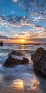 Bank,Shore,Stones,Sunset,Sea,Nature