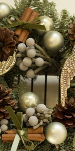 Birds,Cones,Cinnamon,Needles,Wreath,Attribute,Holidays,Balls