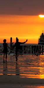 Coucher De Soleil,Quai,Le Remblai,Pont,Oiseaux,Mer,Ondulations,Amour,Enfants,Plage