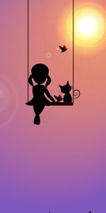 Birds,Sun,Silhouette,Art,Cat,Swing,Girl