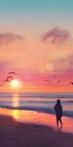 Birds,Sunset,Sea,Silhouette,Art,Beach