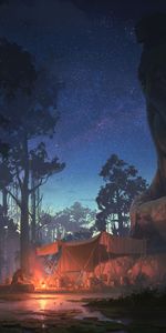 Bonfire,Tent,Sage,Art,Forest,Night,Statue