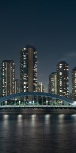 Bridge,Rivers,Night City,Skyscrapers,Cities,Tokyo,Japan