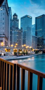 Building,Bridge,Illumination,Evening,United States,Illinois,Llinois,Rivers,Shine,Light,Skyscrapers,Cities,Usa,Road,Houses,City,Chicago,Lighting