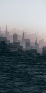 Building,Cities,Water,City,Waves,Illusion,Silhouettes