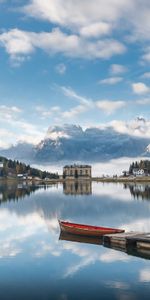 Building,Lake,Cities,Mountains,Pier,Boat,Landscape