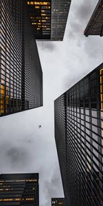 Building,Skyscrapers,Bottom View,Airplane,Plane,Minimalism