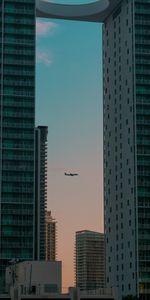 Building,Skyscrapers,Evening,Cities,Airplane,Plane