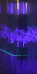 Building,Trees,Dark,Silhouette,Night,Neon
