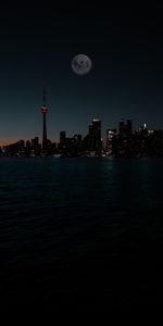 Building,Water,City,Moon,Night,Dark