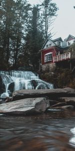 Building,Waterfall,Forest,Nature,House