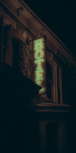 Building,Words,Illumination,Backlight,Hotel,Dark,Inscription,Neon