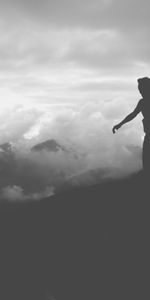 Bw,Human,Person,Mountains,Clouds,Silhouette,Chb