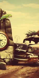 Reloj,Carro,Piña,Una Piña,Mano,Creativo,Gato,Coche,Surrealismo,Arte