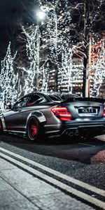 Cars,Lights,Machine,Mercedes Benz C63 Amg,Christmas,Street,Grey,Car,Mercedes