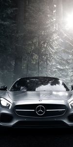 Серебристый,Mercedes Amg,Mercedes Benz,Вид Спереди,Лес,Тачки (Cars)