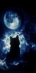 Cat,Fantasy,Art,Silhouette,Starry Sky,Dark,Moon