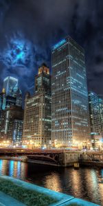 Chicago,Water,Night,Lights,Reflection,United States,America,Channel,States,Cities,Usa,City