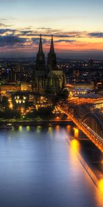 Cities,Building,Lights,Bridge,Koln,Rivers,Cologne,Night