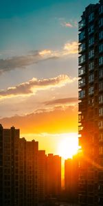 Cities,Building,Rays,Sunset,City,Beams