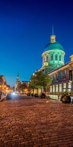 Cities,Night,City,Lights,Lanterns,Montreal,Quebec,Stalls,Shops,Sett,Benches,Paving Stones,Canada,Street