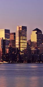 Cities,Rivers,Building,Lights,Skyscrapers,Backlight,Illumination,Evening,United States,Manhattan,County,Usa,District,Sunset,New York