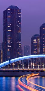 Cities,Shine,Light,Bridge,Night,Skyscrapers,Sea,Tokyo