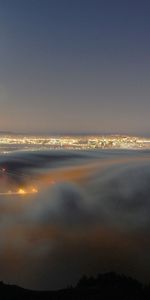 Cities,Shine,Light,Fog,United States,Golden Gate Bridge,Usa,California,Night,San Francisco,Moon