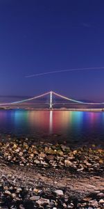 Cities,Shore,Bank,Bridge,Evening,Strait,Of Japan,Akashi Kaikyo,Akashi Kaikeo,Japan