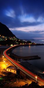 Ciudades,Noche,Orilla,Banco,Océano,Elevación,Carretera,Oceano