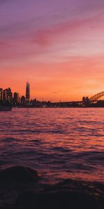 Cities,Sunset,Bridge,City,Sea,Waves