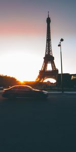 Puesta Del Sol,Carro,Coche,Tráfico,Ciudades,Francia,Movimiento,París,Torre Eiffel