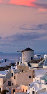 Cities,Sunset,Sky,Clouds,Oia,Water,City,Greece,Ocean,Houses