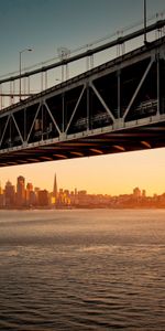 Cities,Water,Sunset,Bridge,Evening,California,San Francisco