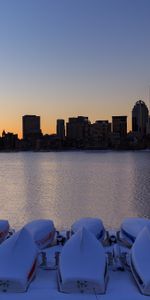 Cities,Water,Sunset,Building,Skyscrapers,Boats