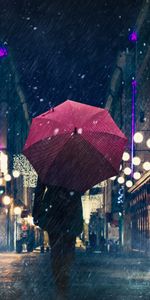 City Lights,Umbrella,Silhouette,Street,Miscellanea,Night City,Rain,Miscellaneous