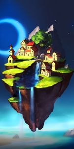 City,Waterfall,Art,Island,Fantasy