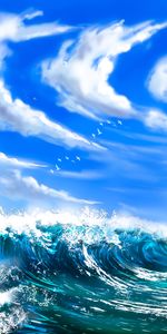 Clouds,Art,Sea,Waves,Birds