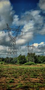 Clouds,Field,Posts,Pillars,Wire,Landscape,Nature,Wires