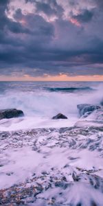 Clouds,Horizon,Shore,Bank,Stone,Foam,Mainly Cloudy,Overcast,Nature,Waves,Spray,Splash,Storm