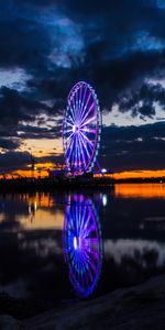 Ciudades,Nubes,Ciudad De Noche,Ciudad Nocturna,Noria,Puerto,Washington,Ee Uu,Estados Unidos,Rueda De La Fortuna