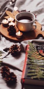 Cones,Candles,Miscellanea,Coziness,Comfort,Cup,Book,Beverage,Drink,Miscellaneous,Coffee